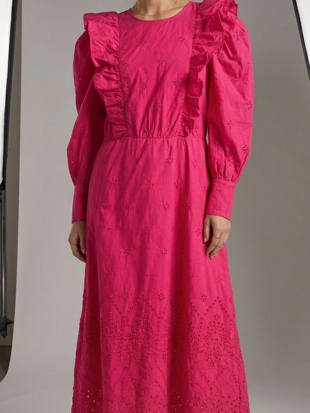Zara Hot Pink Ruffle Eyelet Maxi Dress